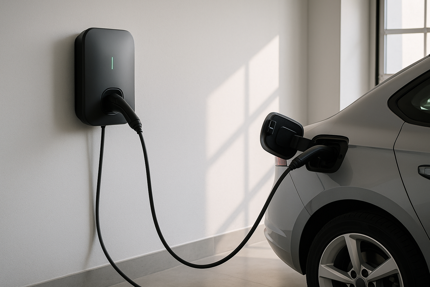 EVPLUG wall-mounted smart EV charger connected to an electric vehicle for fast home charging.