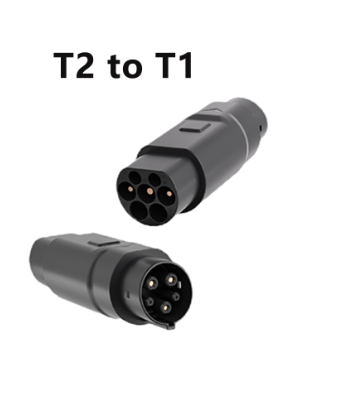 Type 2 to Type 1 EV Charging Adapter by EVPLUG – 32A 250V AC connector for Type 2 stations charging Type 1 (J1772) EVs. CE certified, waterproof IP54.
